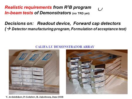 Realistic requirements from R 3 B program  In-beam tests of Demonstrators (no TRD yet) Decisions on: Readout device, Forward cap detectors (  Detector.