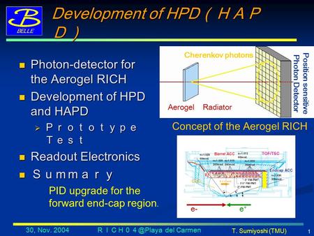 T. Sumiyoshi (TMU) 30, Nov. 2004 del Carmen 1 Development of HPD （ＨＡＰ Ｄ） Photon-detector for the Aerogel RICH Photon-detector for the Aerogel.