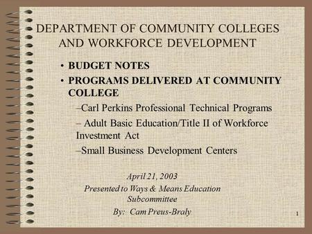 1 DEPARTMENT OF COMMUNITY COLLEGES AND WORKFORCE DEVELOPMENT BUDGET NOTES PROGRAMS DELIVERED AT COMMUNITY COLLEGE –Carl Perkins Professional Technical.