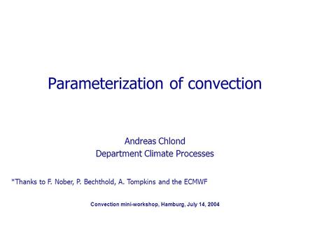 Convection mini-workshop, Hamburg, July 14, 2004 Parameterization of convection Andreas Chlond Department Climate Processes *Thanks to F. Nober, P. Bechthold,