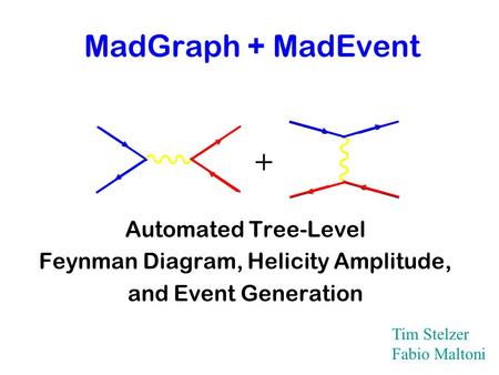 MadGraph + MadEvent Automated Tree-Level Feynman Diagram, Helicity Amplitude, and Event Generation + Tim Stelzer Fabio Maltoni.