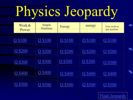 Physics Jeopardy Work & Power Simple Machines Energy energy Extra credit on quiz questions Q $100 Q $200 Q $300 Q $400 Q $500 Q $100 Q $200 Q $300 Q $400.