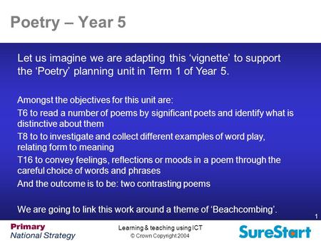 © Crown Copyright 2004 1 Learning & teaching using ICT Poetry – Year 5 Let us imagine we are adapting this ‘vignette’ to support the ‘Poetry’ planning.