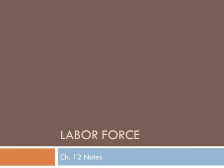 LABOR FORCE Ch. 12 Notes. Labor Force Make-Up  Made up of:  people 16 or older  Civilian  Uninstitutionalized  who want a job or have one  Can be.