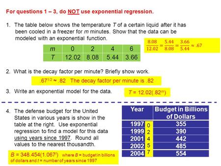 YearBudget in Billions of Dollars 1997355 1999390 2001442 2002485 2004554 m0246 T12.028.085.443.66 For questions 1 – 3, do NOT use exponential regression.