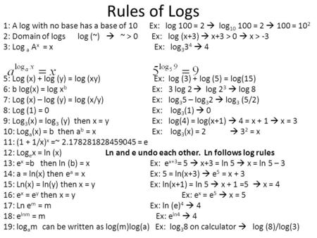 Rules of Logs 1: A log with no base has a base of 10 Ex: log 100 = 2  log10 100 = 2  100 = 102 2: Domain of logs log (~)  ~ > 0.