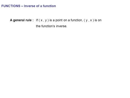 FUNCTIONS – Inverse of a function A general rule :If ( x, y ) is a point on a function, ( y, x ) is on the function’s inverse.