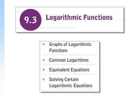 Logarithmic Functions y = log a x, is read “the logarithm, base a, of x,” or “log, base a, of x,” means “the exponent to which we raise a to get x.”