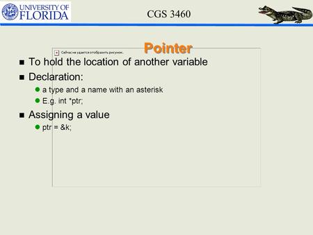 CGS 3460 Pointer n To hold the location of another variable n Declaration: la type and a name with an asterisk lE.g. int *ptr; n Assigning a value lptr.