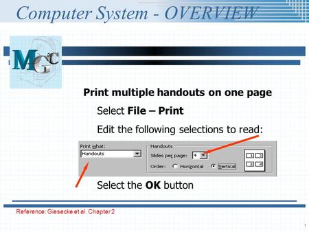 1 Computer System - OVERVIEW Reference: Giesecke et al. Chapter 2 Print multiple handouts on one page Select File – Print Edit the following selections.
