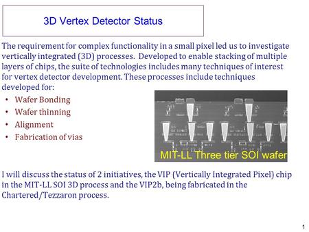 3D Vertex Detector Status The requirement for complex functionality in a small pixel led us to investigate vertically integrated (3D) processes. Developed.