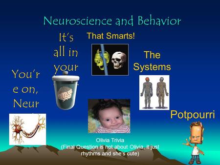 Neuroscience and Behavior You’r e on, Neur on! It’s all in your head. That Smarts! The Systems Potpourri Olivia Trivia (Final Question is not about Olivia,