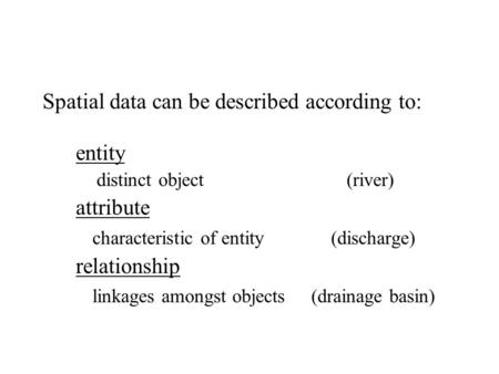 Spatial data can be described according to: entity distinct object (river) attribute characteristic of entity (discharge) relationship linkages amongst.