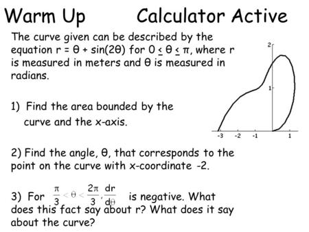 Warm Up Calculator Active The curve given can be described by the equation r = θ + sin(2θ) for 0 < θ < π, where r is measured in meters and θ is measured.