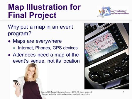 Why put a map in an event program? Maps are everywhere Internet, Phones, GPS devices Attendees need a map of the event’s venue, not its location Map Illustration.