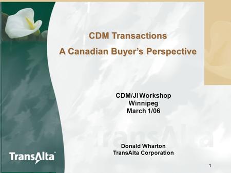 1 CDM Transactions A Canadian Buyer’s Perspective CDM/JI Workshop Winnipeg March 1/06 Donald Wharton TransAlta Corporation.