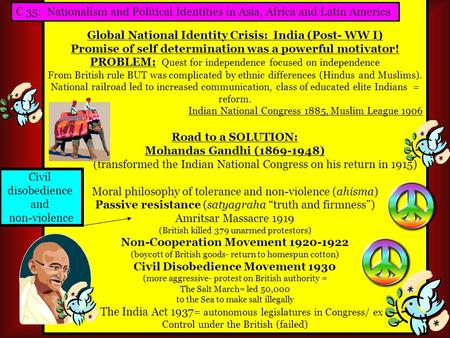 Global National Identity Crisis: India (Post- WW I) Promise of self determination was a powerful motivator! PROBLEM: Quest for independence focused on.