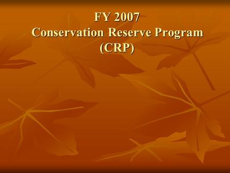 FY 2007 Conservation Reserve Program (CRP). Conservation Reserve Program Topics Agency Roles and Responsibilities Agency Roles and Responsibilities CRP.