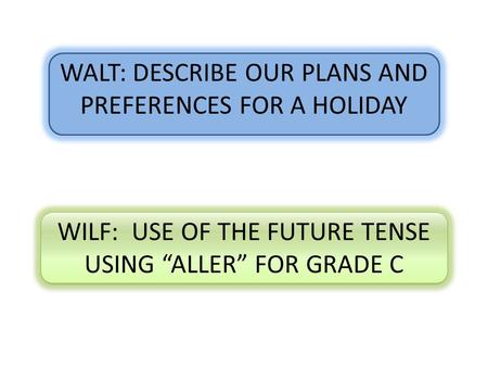 WALT: DESCRIBE OUR PLANS AND PREFERENCES FOR A HOLIDAY WILF: USE OF THE FUTURE TENSE USING “ALLER” FOR GRADE C.
