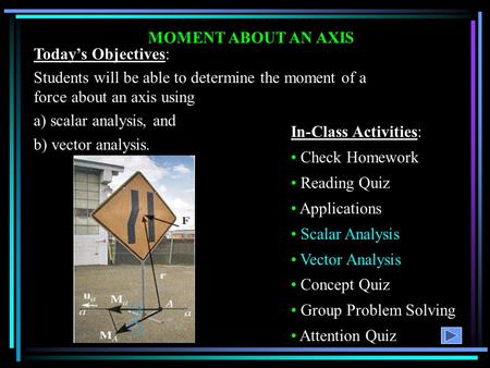 MOMENT ABOUT AN AXIS Today’s Objectives: Students will be able to determine the moment of a force about an axis using a) scalar analysis, and b) vector.