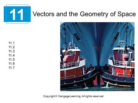 Vectors and the Geometry of Space 11 Copyright © Cengage Learning. All rights reserved. 11.1 11.2 11.3 11.4 11.5 11.6 11.7.