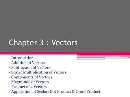 Chapter 3 : Vectors - Introduction - Addition of Vectors - Subtraction of Vectors - Scalar Multiplication of Vectors - Components of Vectors - Magnitude.