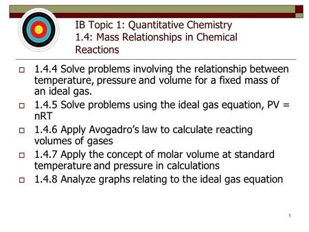 1 IB Topic 1: Quantitative Chemistry 1.4: Mass Relationships in Chemical Reactions  1.4.4 Solve problems involving the relationship between temperature,