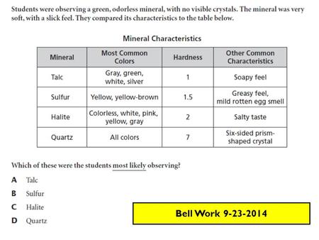 Bell Work 9-23-2014. Review … SPI 0707.7.1 Can I describe and classify the physical properties of minerals? Mineral id questions Silicate vs. Non-silicate.