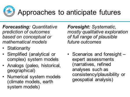 Approaches to anticipate futures Forecasting: Quantitative prediction of outcomes based on conceptual or mathematical models Stationarity Simplified (analytical.