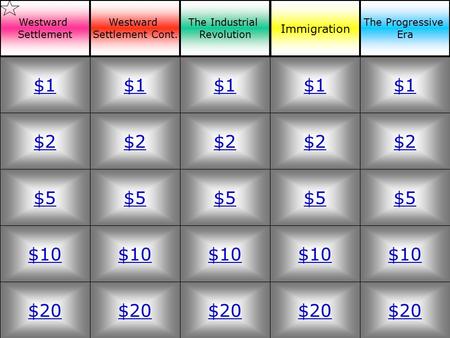 $2 $5 $10 $20 $1 $2 $5 $10 $20 $1 $2 $5 $10 $20 $1 $2 $5 $10 $20 $1 $2 $5 $10 $20 $1 Westward Settlement Westward Settlement Cont. The Industrial Revolution.