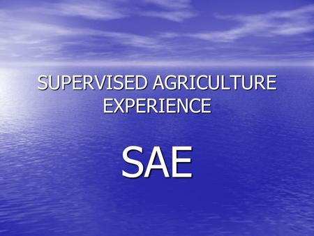 SUPERVISED AGRICULTURE EXPERIENCE SAE SAE POINTS EACH STUDENT MUST COMPLETE A MINIMUM OF 110 HOURS TO GET CREDIT FOR AN AG SCIENCE CLASS EACH STUDENT.