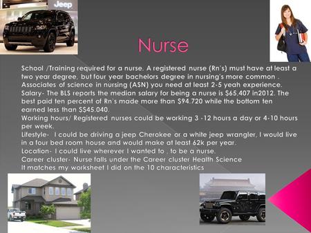  I would like to be a nurse because I like caring for people and making them feel better. Nurses have a lot of stress though having somebody’s life in.