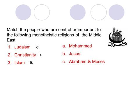 Match the people who are central or important to the following monotheistic religions of the Middle East. 1.Judaism 2.Christianity 3.Islam a.Mohammed b.Jesus.