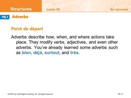 Point de départ Adverbs describe how, when, and where actions take place. They modify verbs, adjectives, and even other adverbs. You’ve already learned.