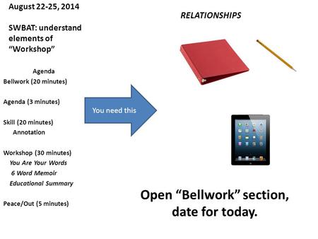 August 22-25, 2014 SWBAT: understand elements of “Workshop” RELATIONSHIPS Agenda Bellwork (20 minutes) Agenda (3 minutes) Skill (20 minutes) Annotation.