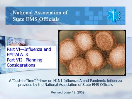 Part VI—Influenza and EMTALA & Part VII– Planning Considerations A “Just-in-Time” Primer on H1N1 Influenza A and Pandemic Influenza provided by the National.
