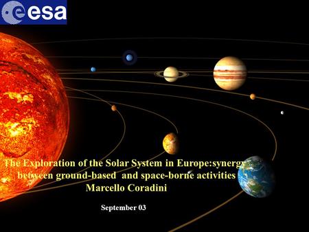 The Exploration of the Solar System in Europe:synergy between ground-based and space-borne activities Marcello Coradini September 03.