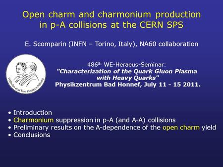 Open charm and charmonium production in p-A collisions at the CERN SPS E. Scomparin (INFN – Torino, Italy), NA60 collaboration Introduction Charmonium.