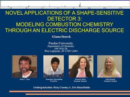 NOVEL APPLICATIONS OF A SHAPE-SENSITIVE DETECTOR 3: MODELING COMBUSTION CHEMISTRY THROUGH AN ELECTRIC DISCHARGE SOURCE Giana Storck Purdue University Department.