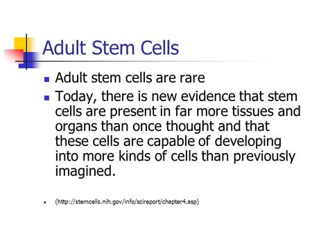 Adult Stem Cells Adult stem cells are rare Today, there is new evidence that stem cells are present in far more tissues and organs than once thought and.