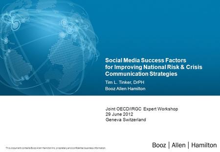 This document contains Booz Allen Hamilton Inc. proprietary and confidential business information. Social Media Success Factors for Improving National.