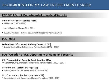 BACKGROUND ON MY LAW ENFORCEMENT CAREER PRE 9/11 & U.S. Department of Homeland Security United States Secret Service (USSS)  USSS Agent (1970 – 1998)