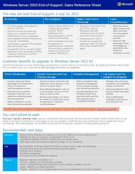 Windows Server 2003 End-of-Support: Sales Reference Sheet The risks are real: End-of-Support is July 14, 2015 No SecurityNo complianceHigher Total Cost.
