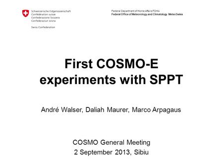 Federal Department of Home Affairs FDHA Federal Office of Meteorology and Climatology MeteoSwiss First COSMO-E experiments with SPPT COSMO General Meeting.