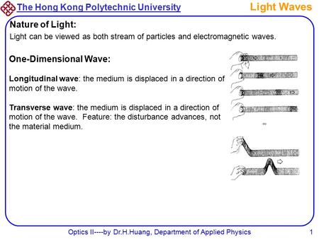 The Hong Kong Polytechnic University Optics II----by Dr.H.Huang, Department of Applied Physics1 Light Waves Nature of Light: Light can be viewed as both.