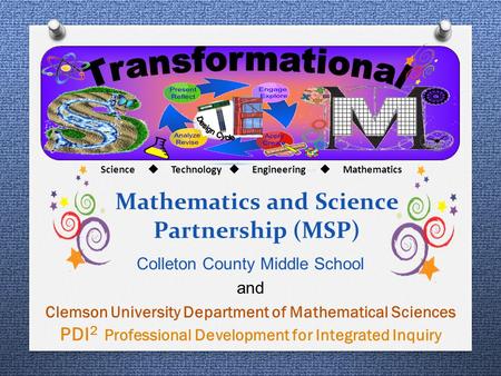 Mathematics and Science Partnership (MSP) Colleton County Middle School and Clemson University Department of Mathematical Sciences PDI 2 Professional Development.