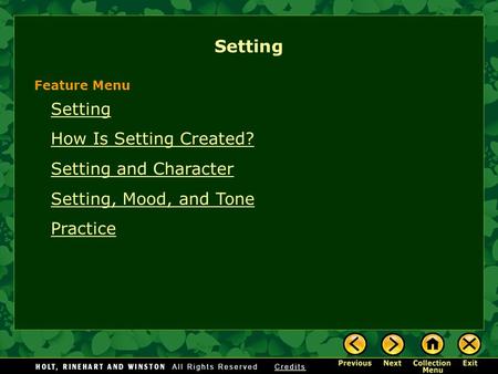 Setting How Is Setting Created? Setting and Character Setting, Mood, and Tone Practice Feature Menu.