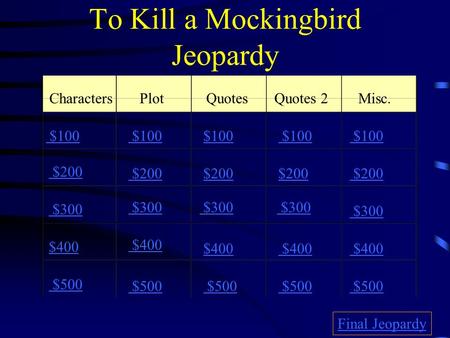 To Kill a Mockingbird Jeopardy CharactersPlotQuotesQuotes 2Misc. $100 $200 $300 $400 $500 $100 $200 $300 $400 $500 Final Jeopardy.