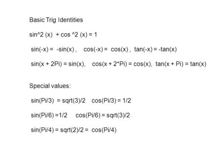 Basic Trig Identities sin^2 (x) + cos ^2 (x) = 1 sin(-x) = -sin(x), cos(-x) = cos(x), tan(-x) = -tan(x) sin(x + 2Pi) = sin(x), cos(x + 2*Pi) = cos(x),