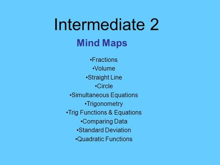 Intermediate 2 Mind Maps Fractions Volume Straight Line Circle Simultaneous Equations Trigonometry Trig Functions & Equations Comparing Data Standard Deviation.